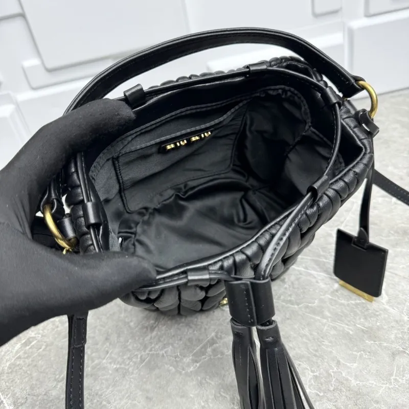 Miu Miu Black Pleated Leather Bucket Bag - Image 7
