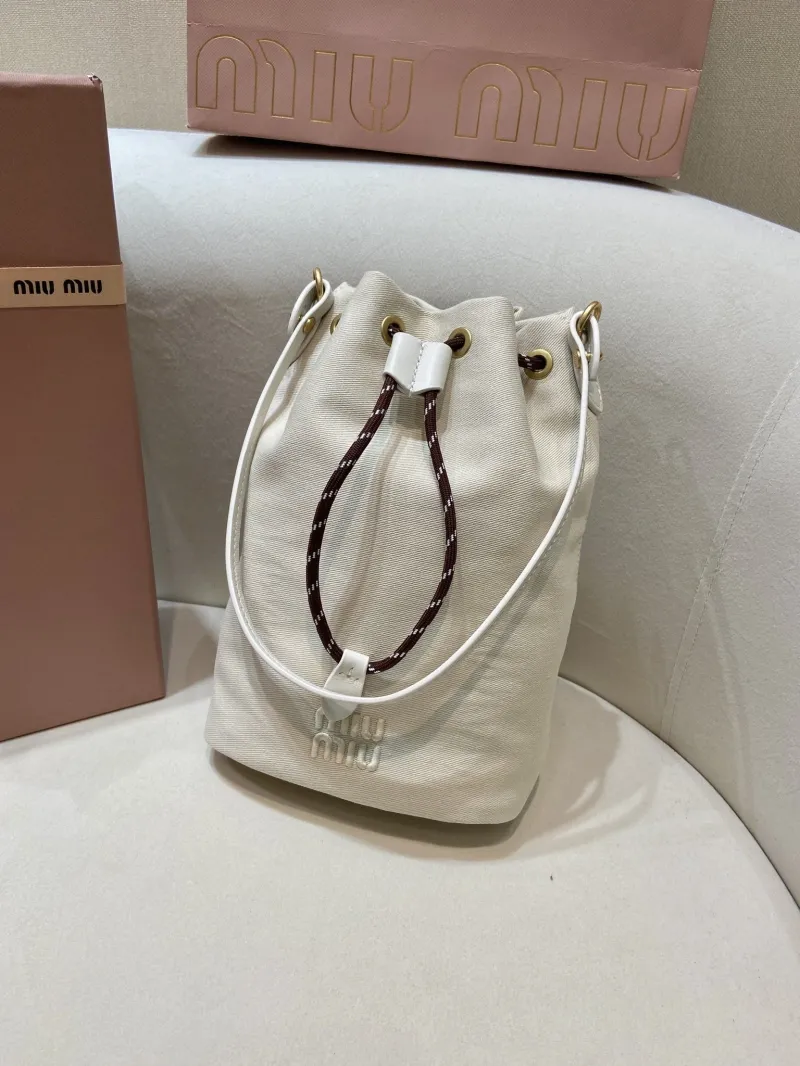 Miu Miu Cream Canvas Bucket Bag - Image 3