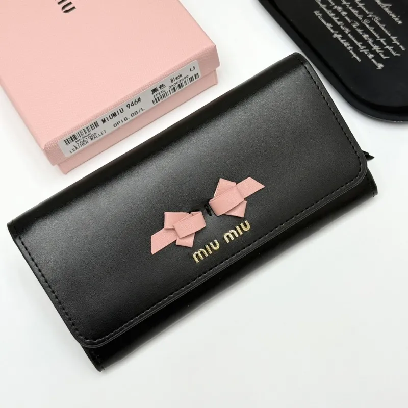 Miu Miu Black Leather Long Wallet with Pink Bows