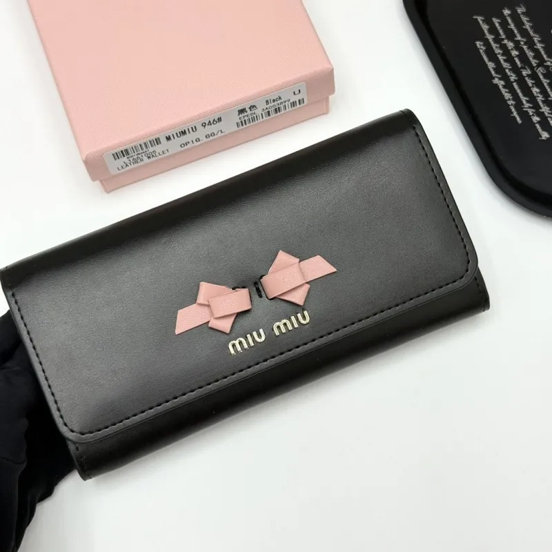 Alternative view of Miu Miu Black Leather Long Wallet with Pink Bows