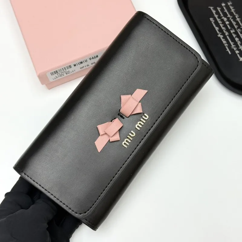 Miu Miu Black Leather Long Wallet with Pink Bows - Image 3