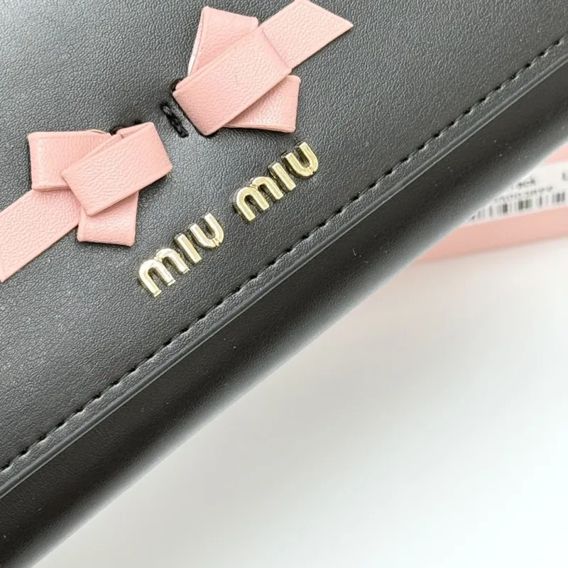 Miu Miu Black Leather Long Wallet with Pink Bows - Image 5