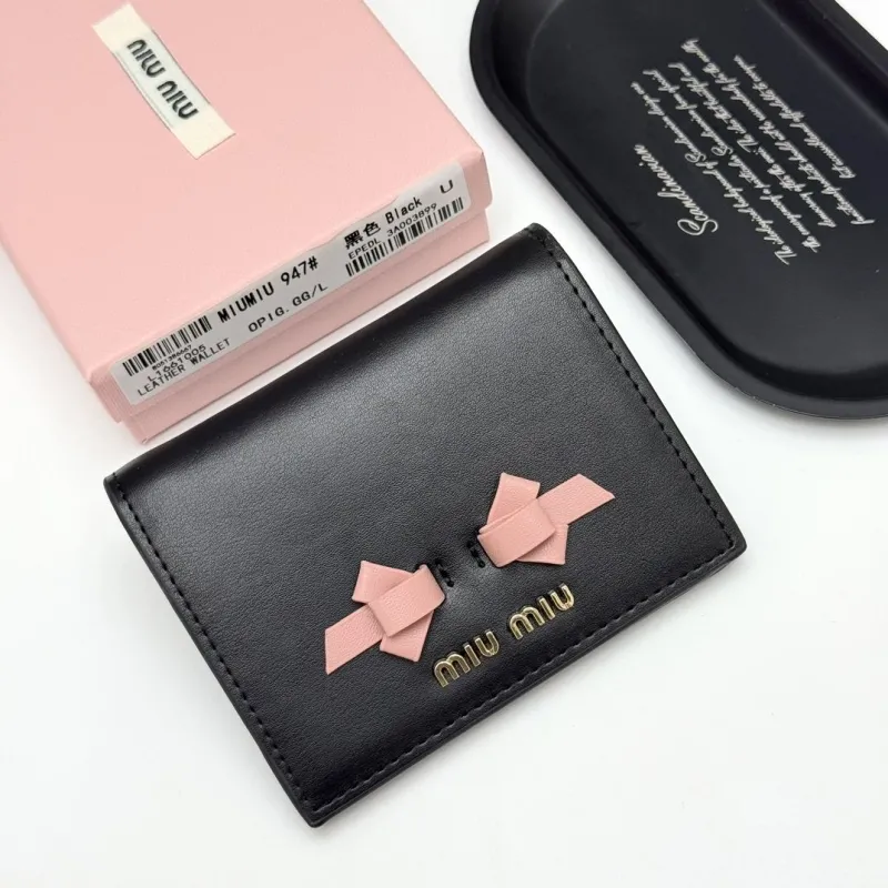 Miu Miu Black Leather Wallet with Pink Bows