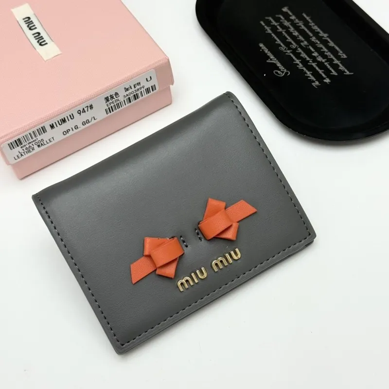 Miu Miu Dark Grey Leather Wallet with Orange Bows
