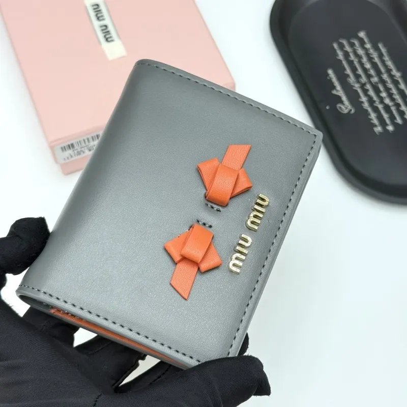 Miu Miu Dark Grey Leather Wallet with Orange Bows - Image 3