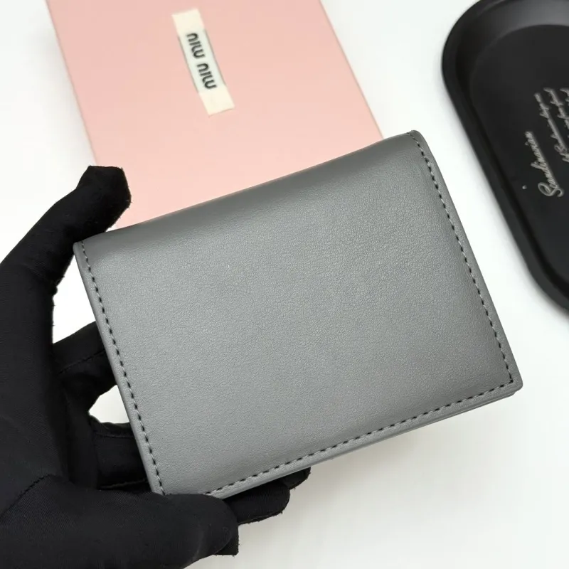 Miu Miu Dark Grey Leather Wallet with Orange Bows - Image 4
