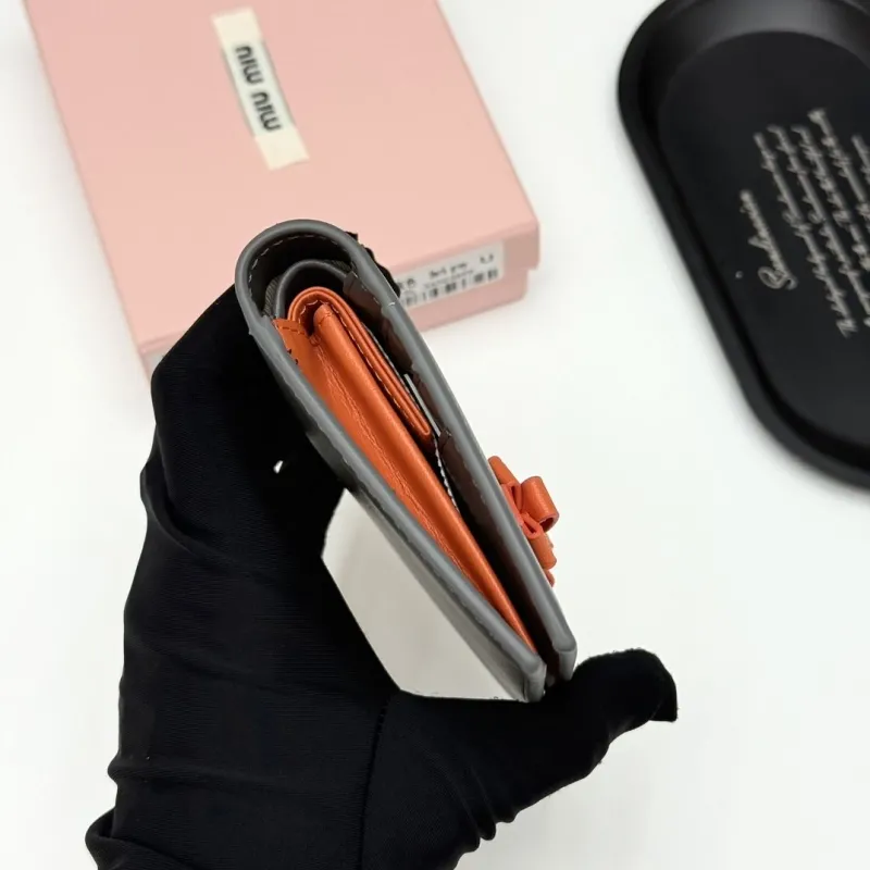 Miu Miu Dark Grey Leather Wallet with Orange Bows - Image 5