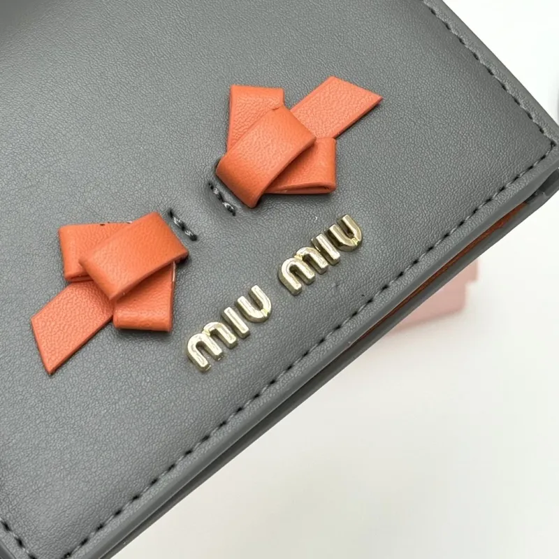Miu Miu Dark Grey Leather Wallet with Orange Bows - Image 6