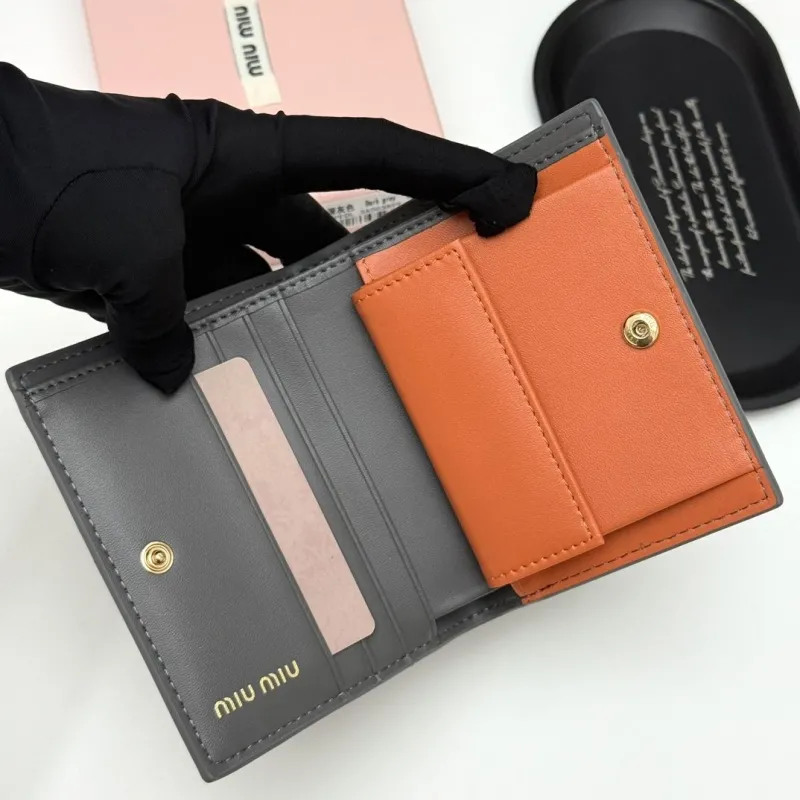 Miu Miu Dark Grey Leather Wallet with Orange Bows - Image 7