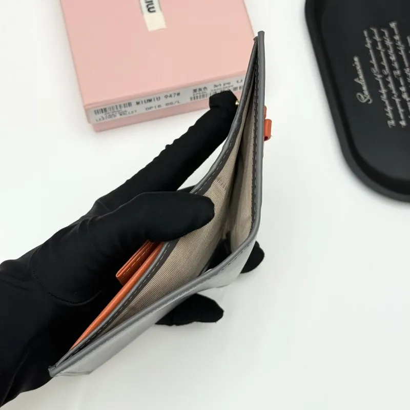 Miu Miu Dark Grey Leather Wallet with Orange Bows - Image 8