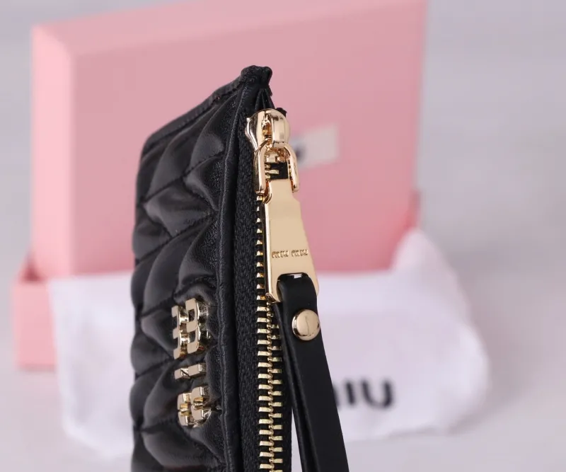 MIU MIU Black Leather Zipper Card Wallet - Image 6