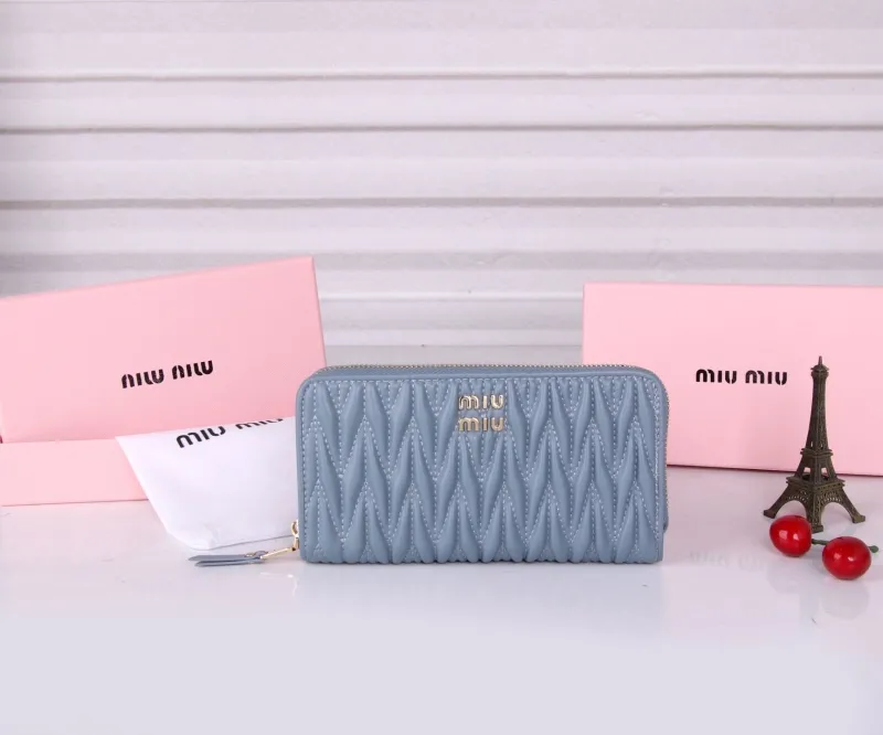 Miu Miu Light Blue Quilted Zip Around Wallet