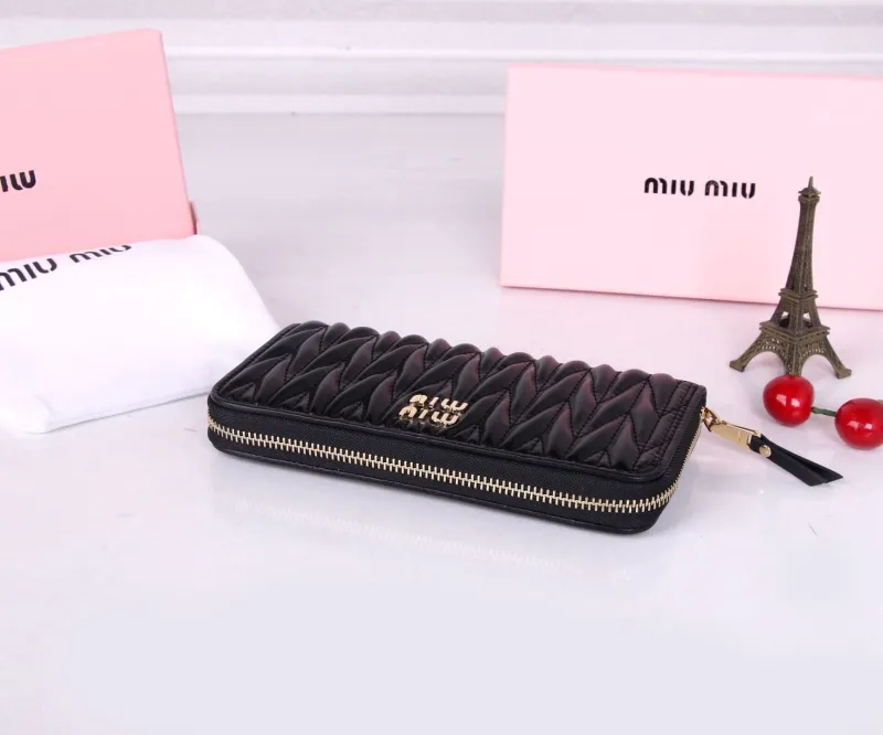 MIU MIU Black Leather Zip Around Wallet - Image 4