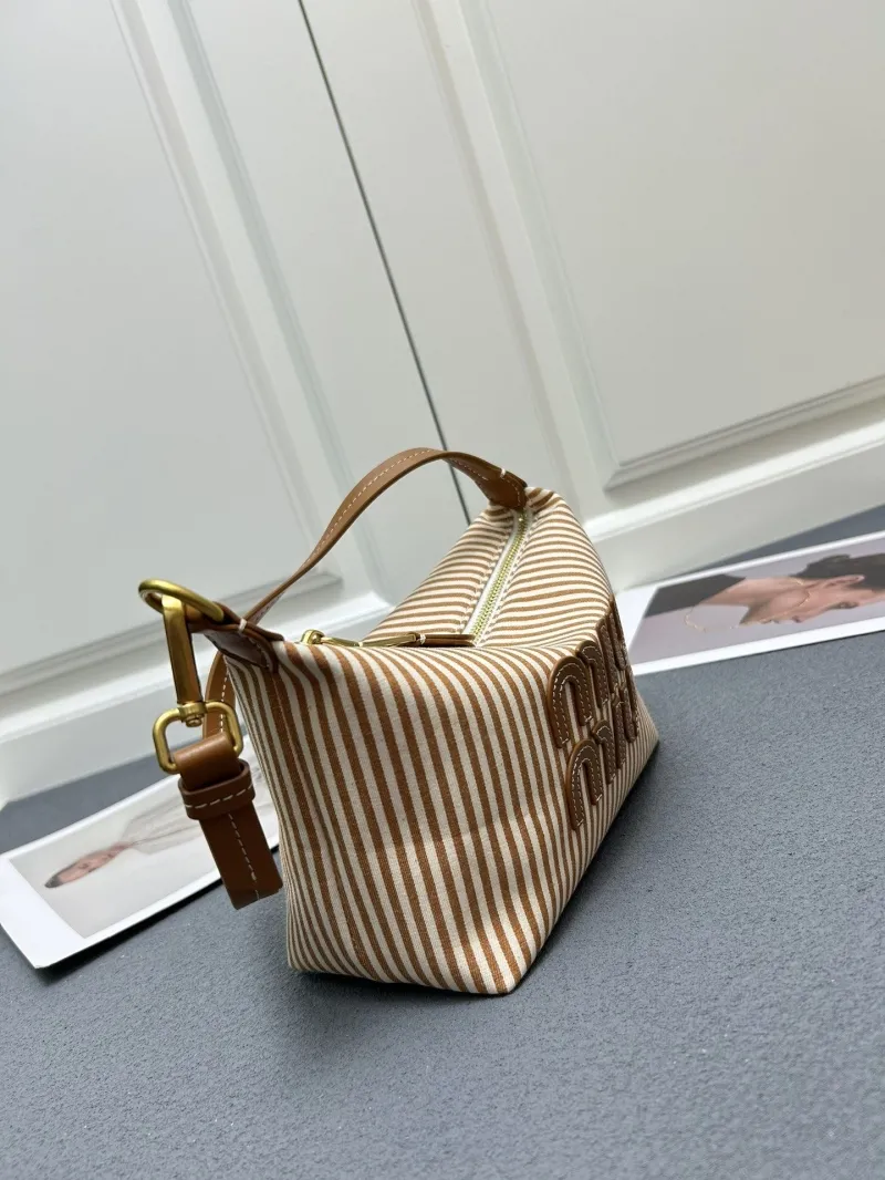 MIU MIU 5NE581 Brown Striped Canvas Satchel Bag - Image 3