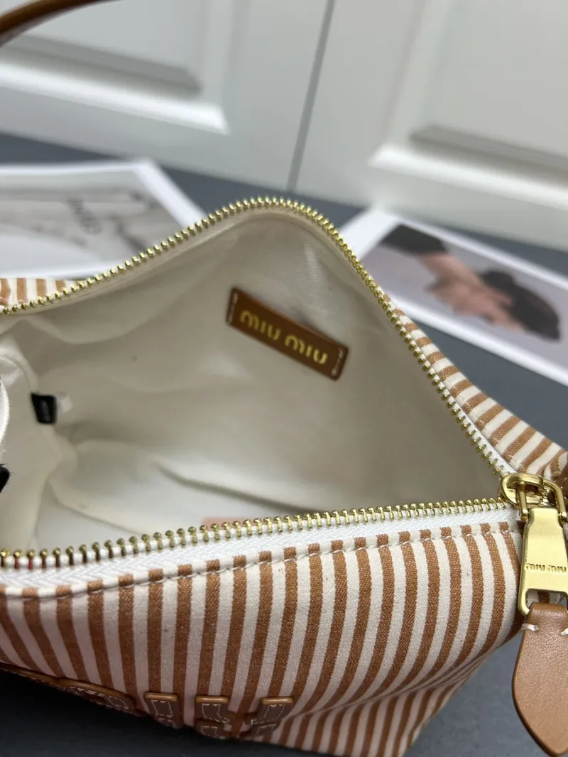 MIU MIU 5NE581 Brown Striped Canvas Satchel Bag - Image 7