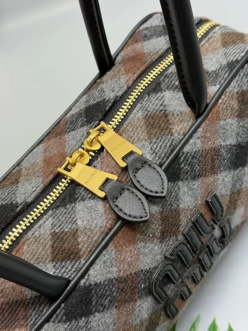 Miu Miu Brown Gray Plaid Top Handle Bag - Image 3