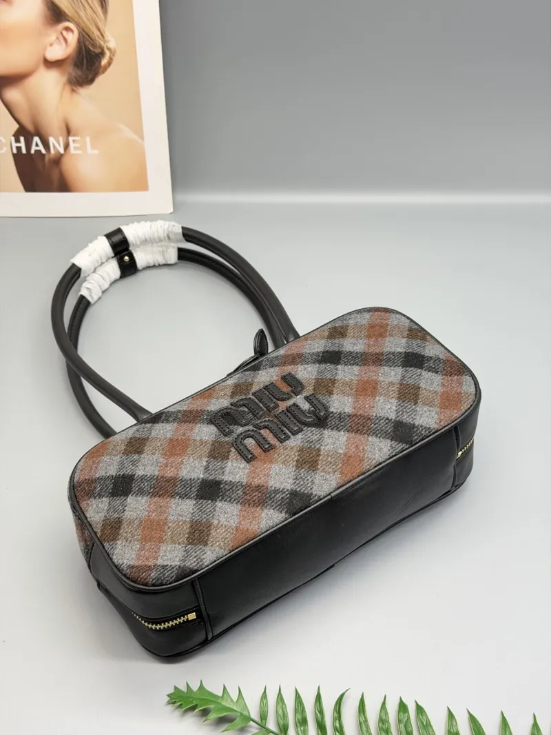 Miu Miu Brown Gray Plaid Top Handle Bag - Image 4