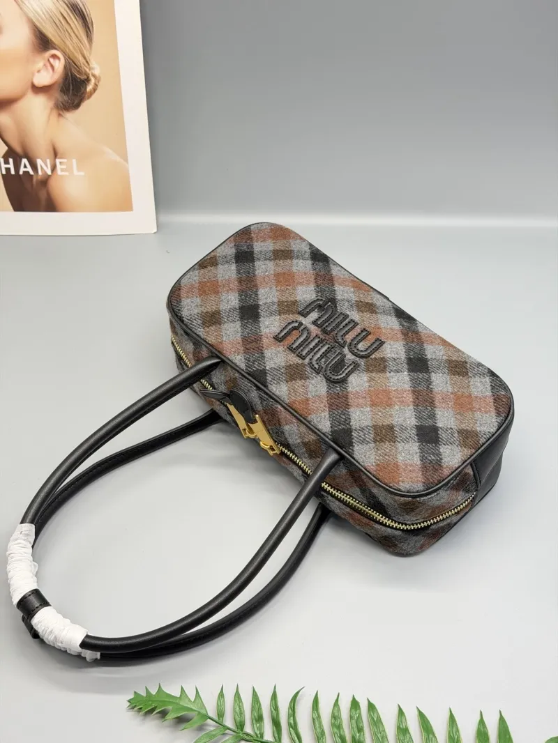 Miu Miu Brown Gray Plaid Top Handle Bag - Image 5