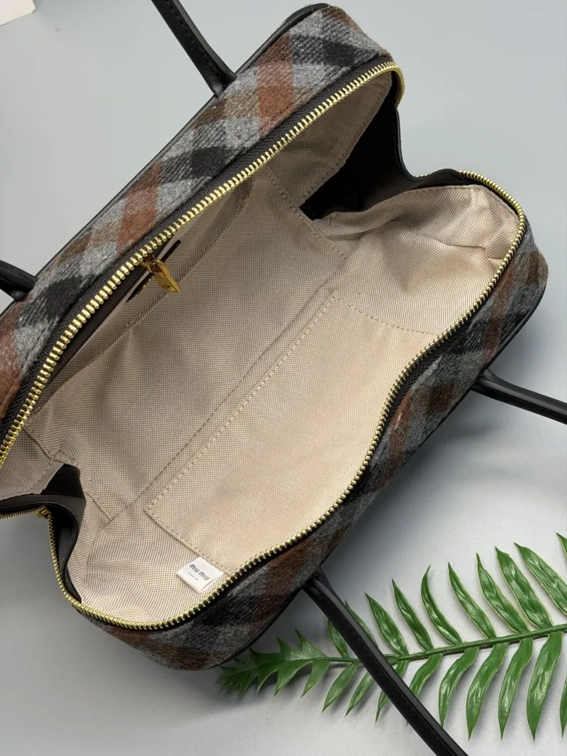 Miu Miu Brown Gray Plaid Top Handle Bag - Image 6