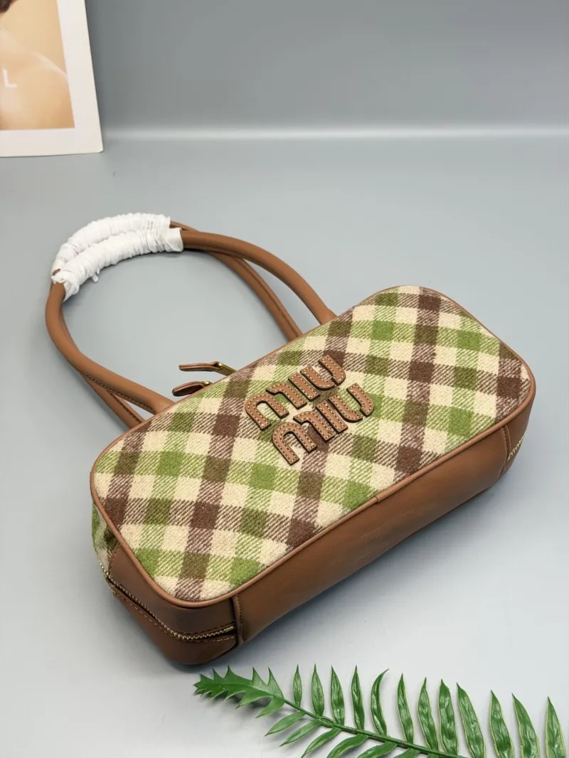Miu Miu Green Brown Plaid Top Handle Bag 27x13x9cm - Image 4