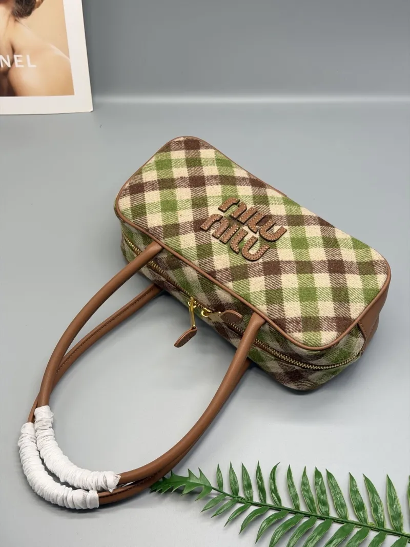 Miu Miu Green Brown Plaid Top Handle Bag 27x13x9cm - Image 5