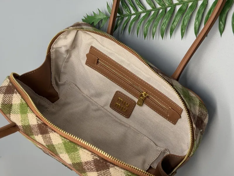 Miu Miu Green Brown Plaid Top Handle Bag 27x13x9cm - Image 7