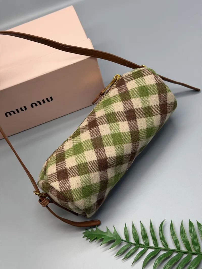 Miu Miu Green Brown Plaid Barrel Top Handle Bag - Image 3