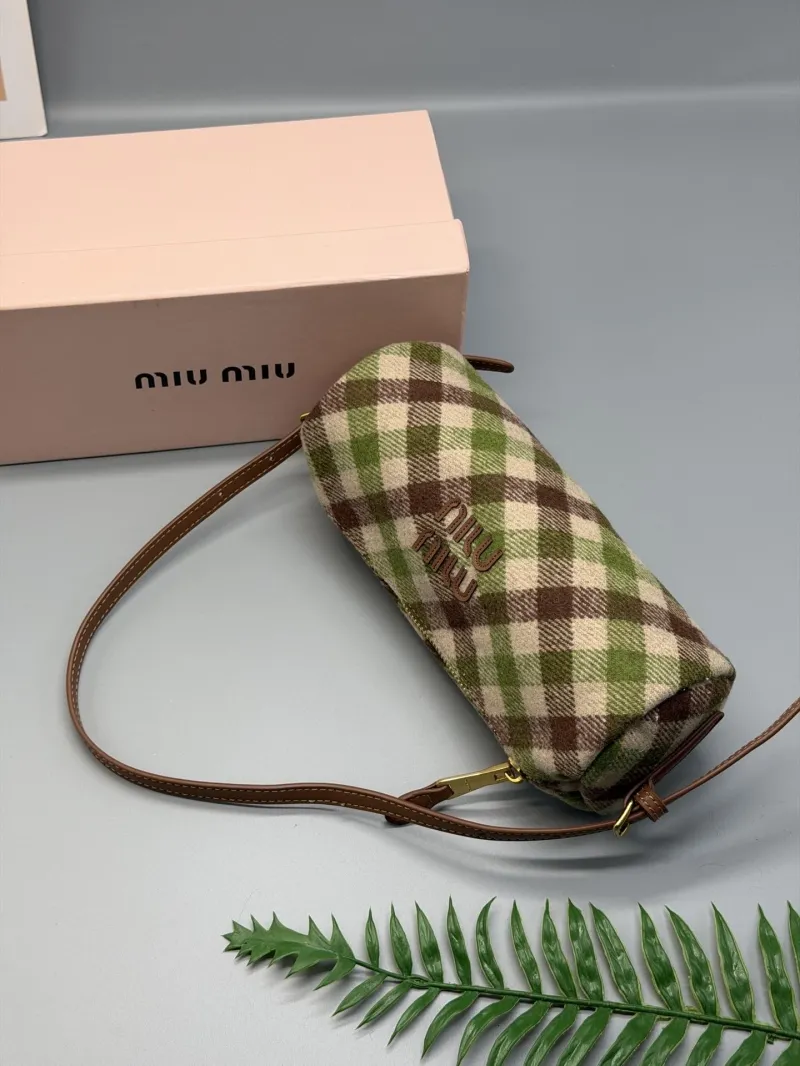 Miu Miu Green Brown Plaid Barrel Top Handle Bag - Image 4