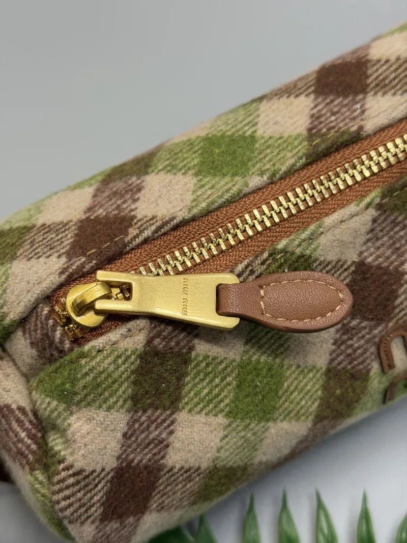 Miu Miu Green Brown Plaid Barrel Top Handle Bag - Image 5