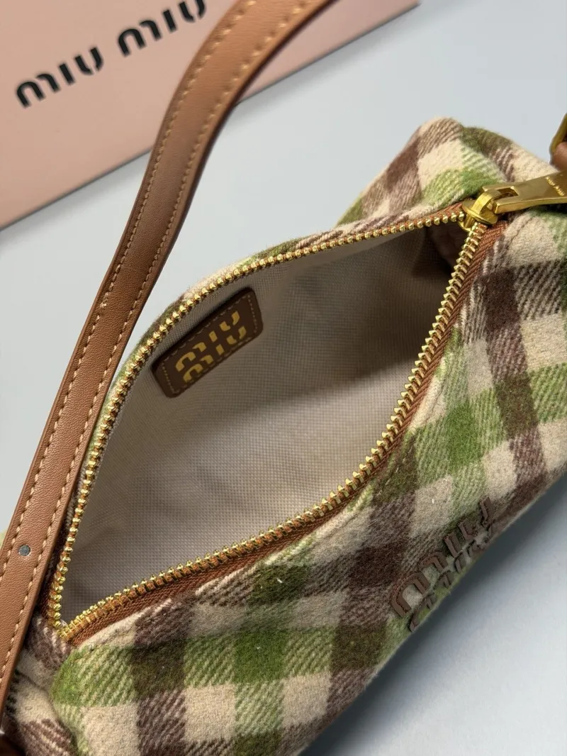 Miu Miu Green Brown Plaid Barrel Top Handle Bag - Image 6