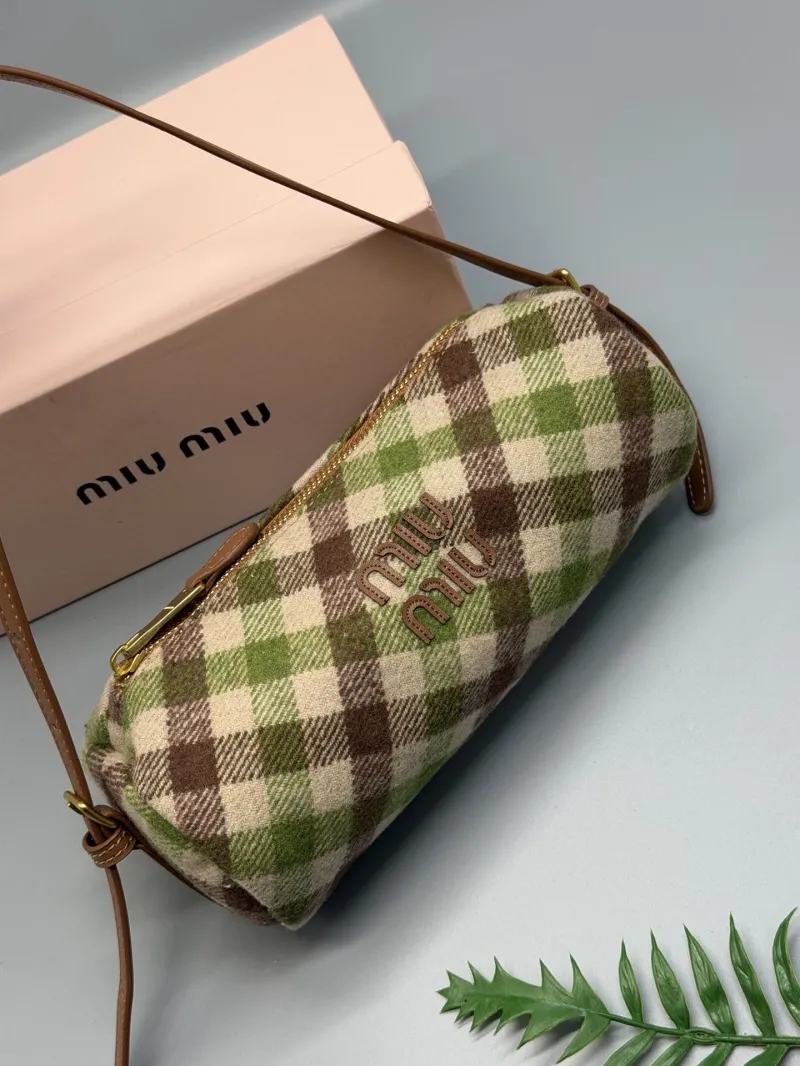 Miu Miu Green Brown Plaid Barrel Top Handle Bag - Image 8
