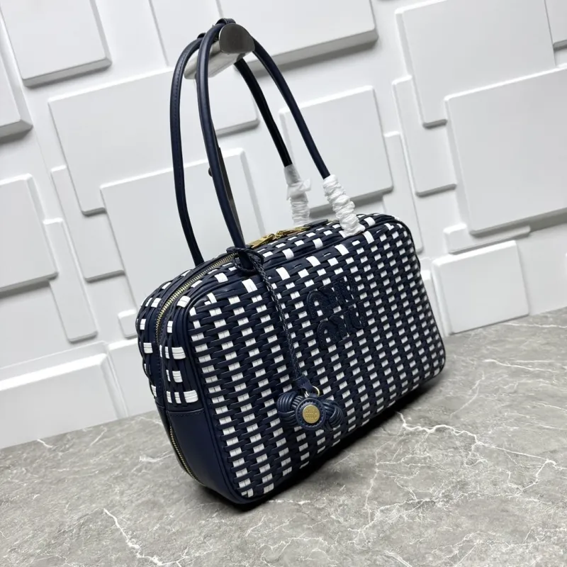 MIU MIU Navy White Woven Top Handle Bag - Image 4