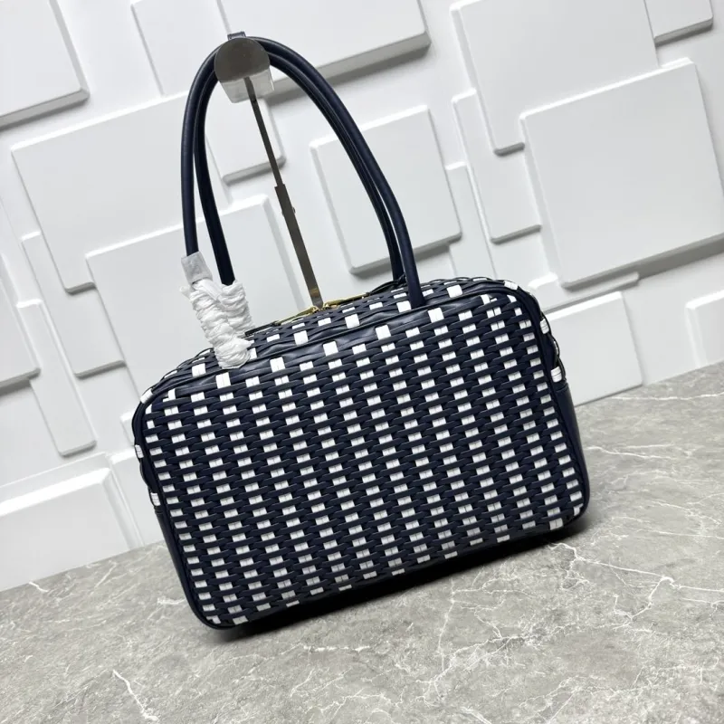 MIU MIU Navy White Woven Top Handle Bag - Image 5