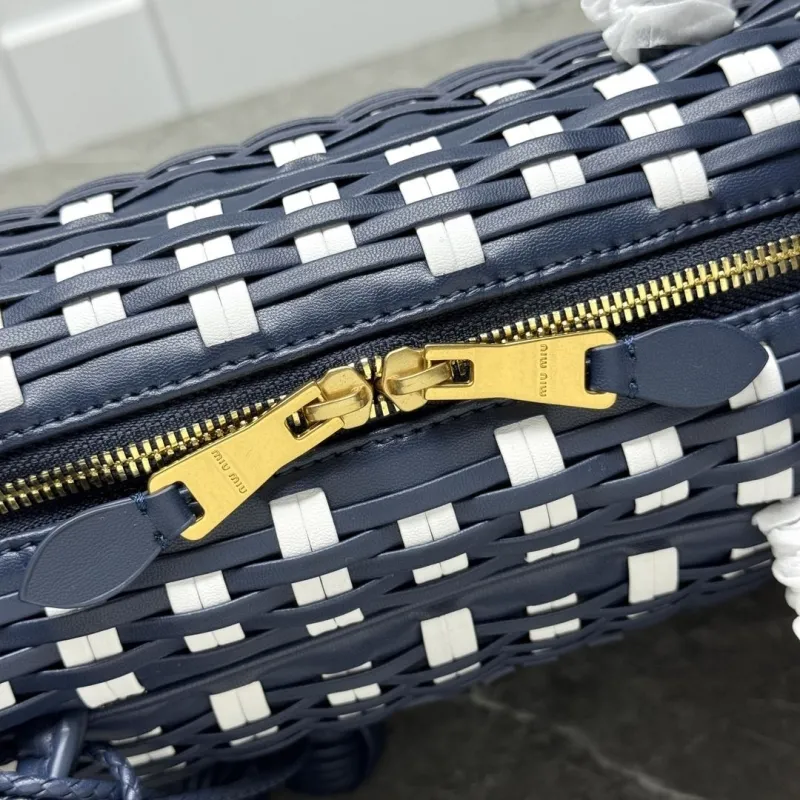 MIU MIU Navy White Woven Top Handle Bag - Image 7