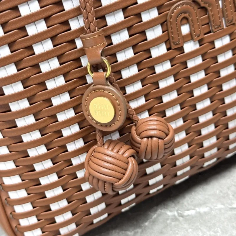 Miu Miu Brown White Woven Top Handle Bag - Image 3