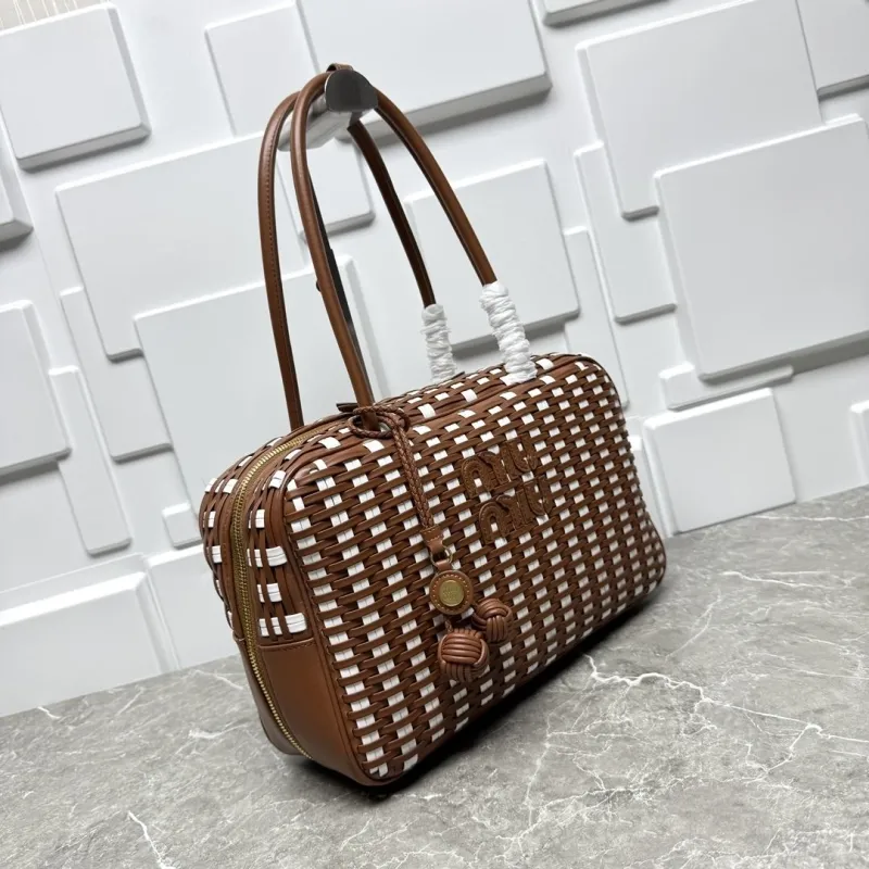 Miu Miu Brown White Woven Top Handle Bag - Image 4