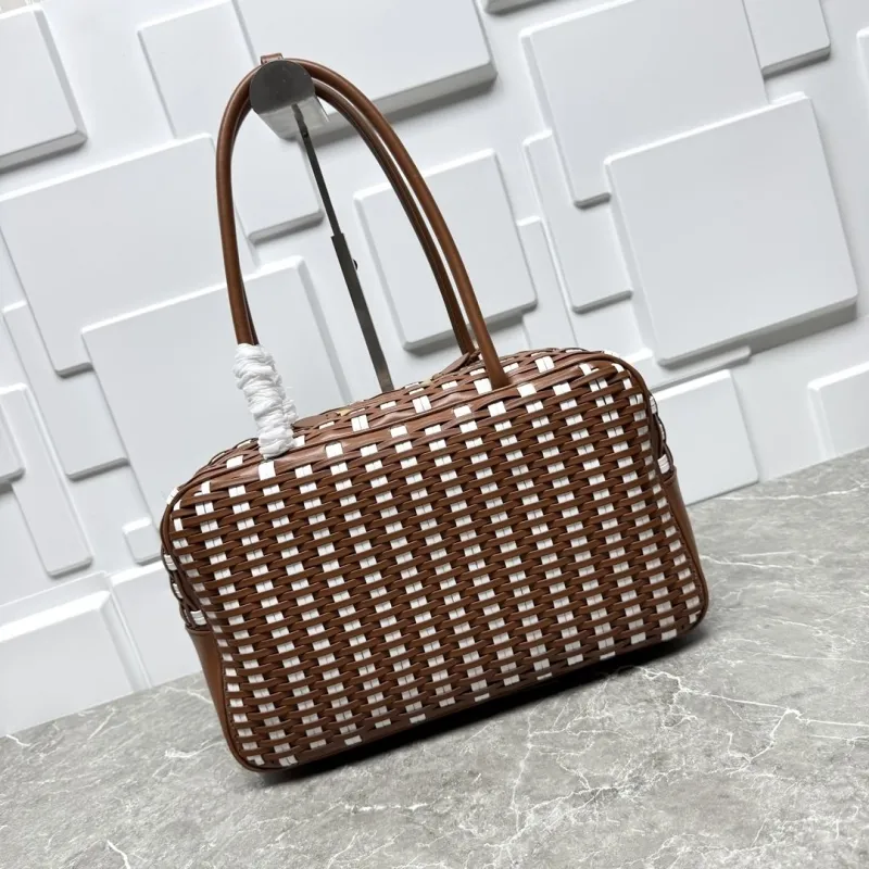 Miu Miu Brown White Woven Top Handle Bag - Image 5