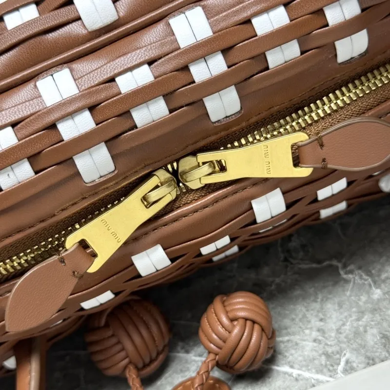 Miu Miu Brown White Woven Top Handle Bag - Image 7