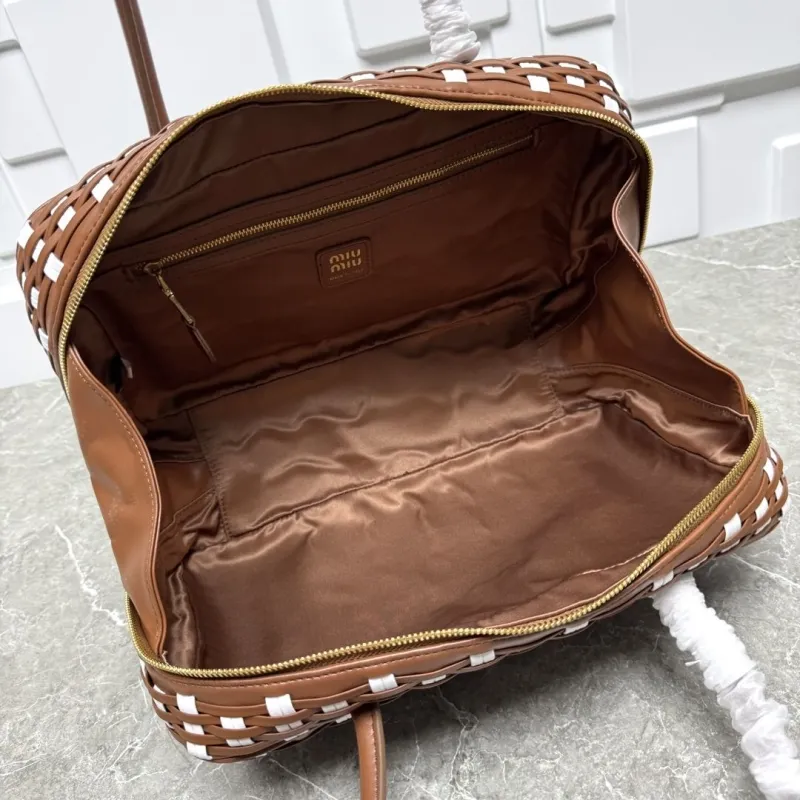 Miu Miu Brown White Woven Top Handle Bag - Image 9