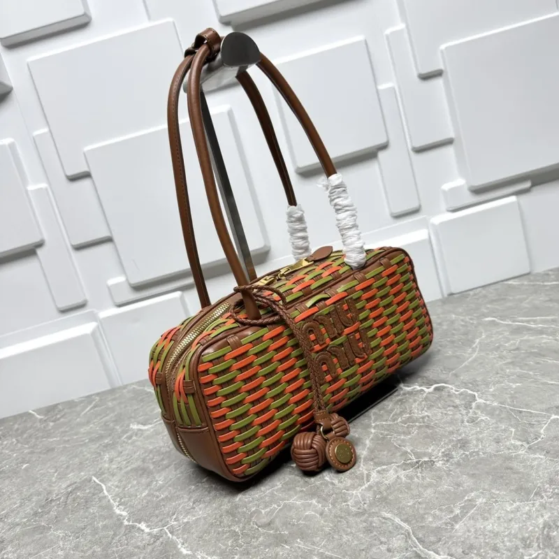 Miu Miu Woven Leather Top Handle Bag Size 25 Green Orange - Image 4