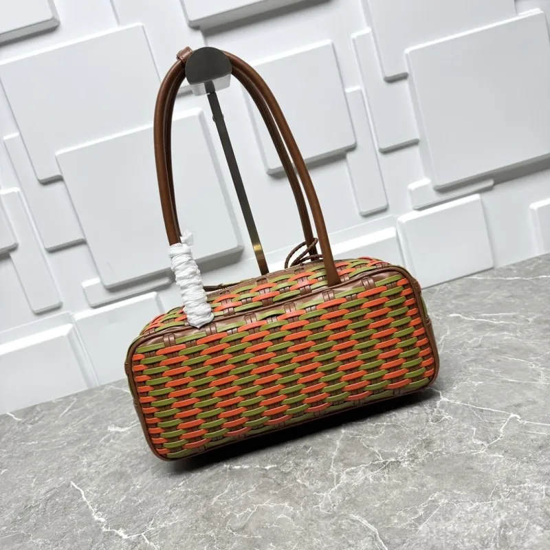 Miu Miu Woven Leather Top Handle Bag Size 25 Green Orange - Image 5