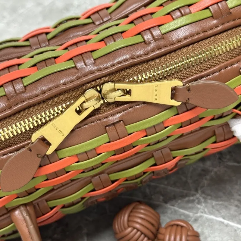 Miu Miu Woven Leather Top Handle Bag Size 25 Green Orange - Image 7
