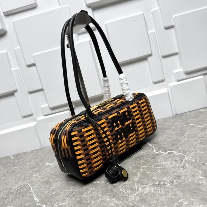 MIU MIU Brown Orange Woven Top Handle Bag - Image 4