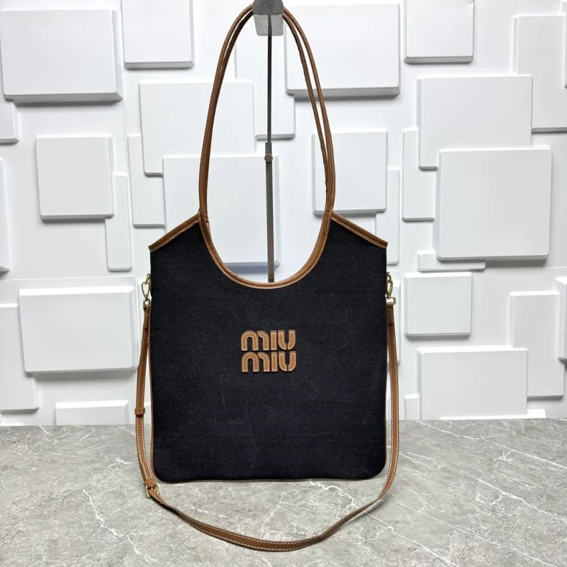 Miu Miu Black Denim Tote Bag Brown Trim