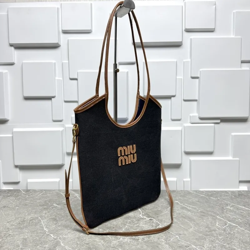 Miu Miu Black Denim Tote Bag Brown Trim - Image 3