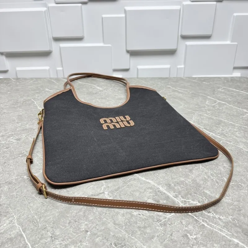 Miu Miu Black Denim Tote Bag Brown Trim - Image 6