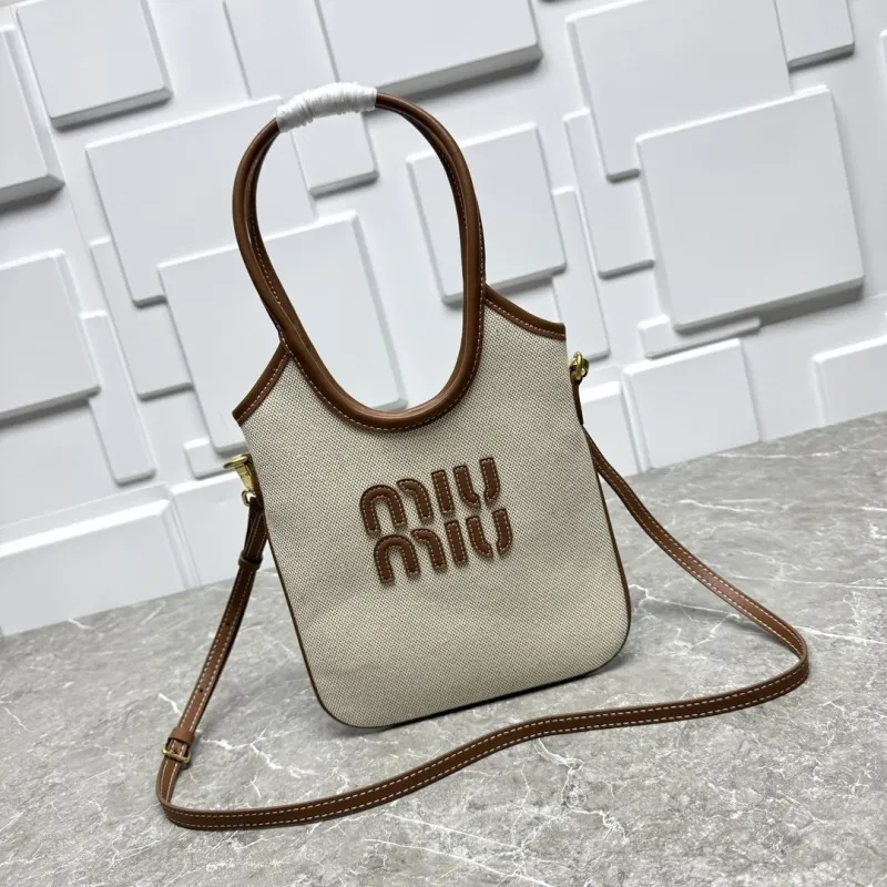 MIU MIU Beige Canvas Top Handle Crossbody Bag