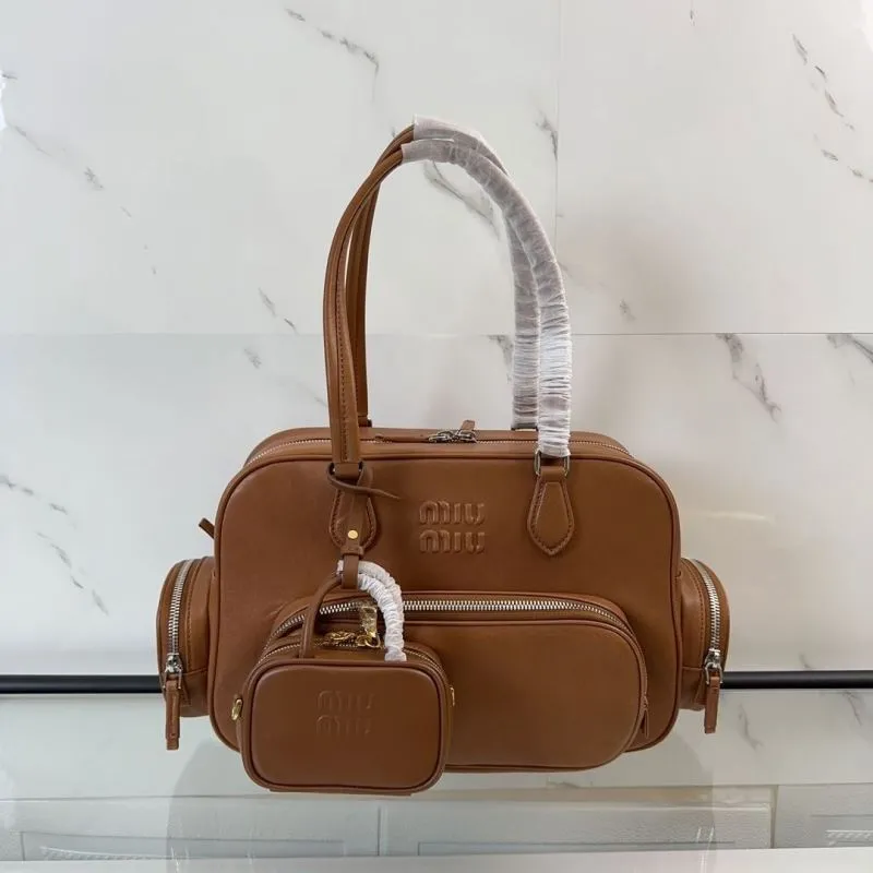 MIU MIU Brown Leather Top Handle Bag with Mini Pouch