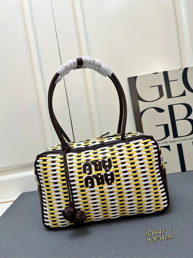 Miu Miu 1C6647 Large Yellow White Brown Woven Top Handle Bag