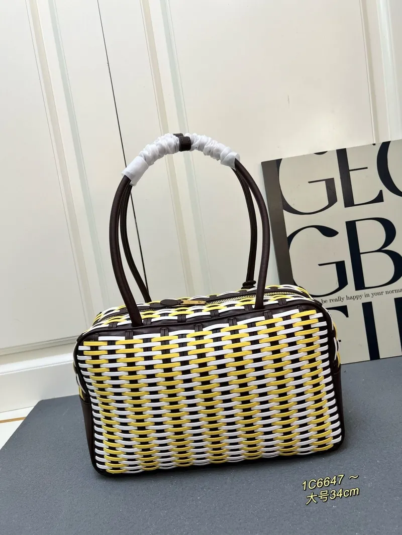 Miu Miu 1C6647 Large Yellow White Brown Woven Top Handle Bag - Image 3